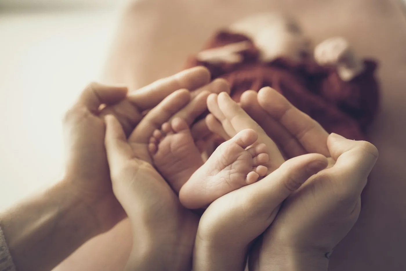 A parent’s hands cradling a newborn’s feet